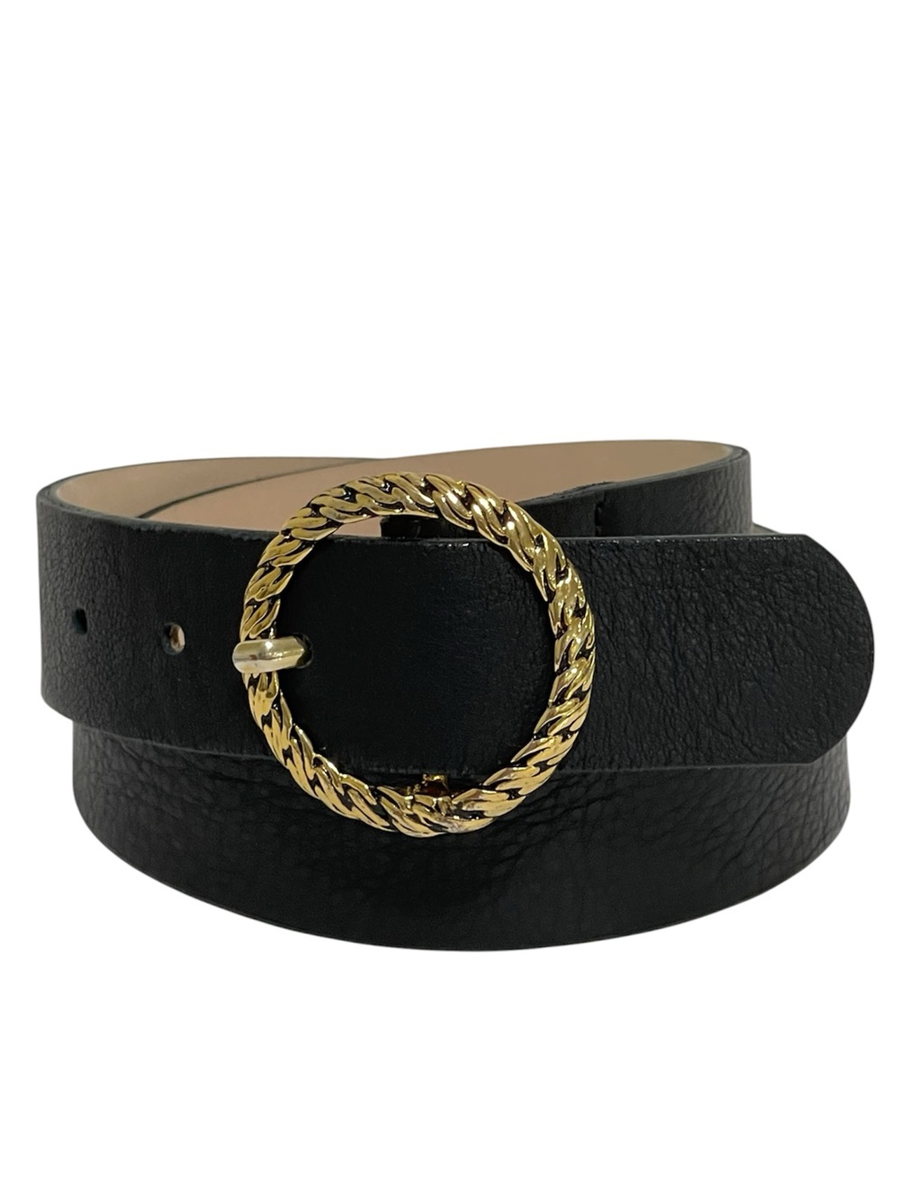 B-Low the Belt Black Leather Belt Gold Tone Jewelry Like Round Buckle Size S